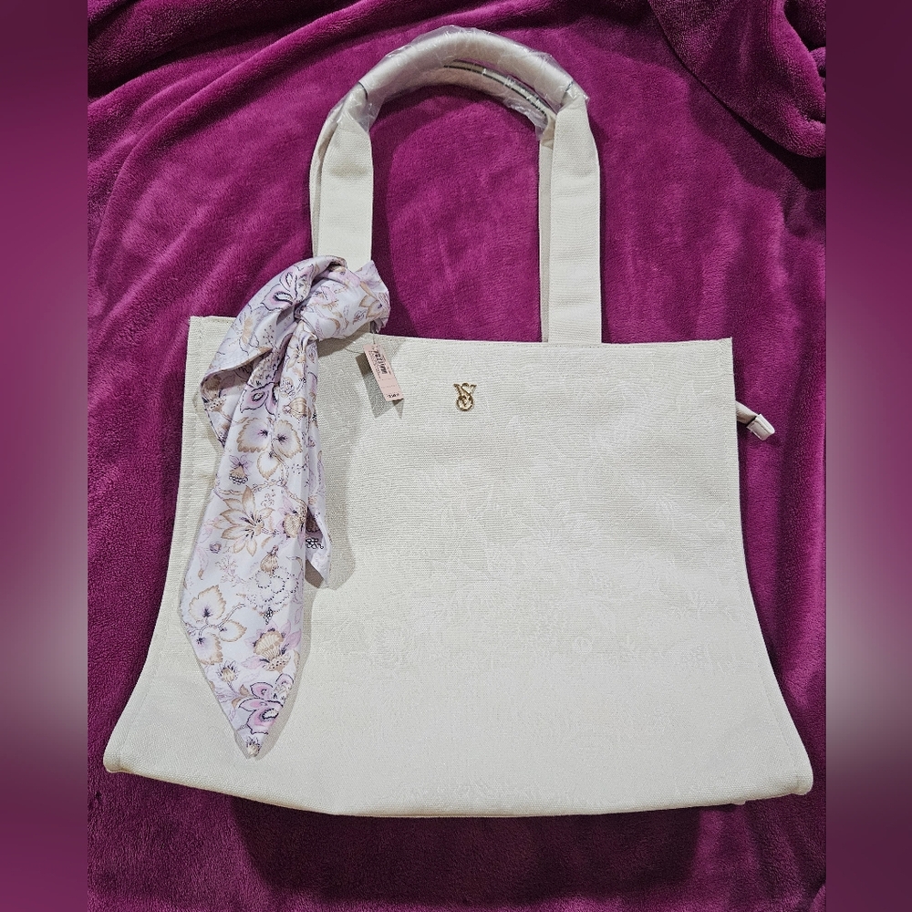 Victoria's Secret Cream Tote with Floral Twilly